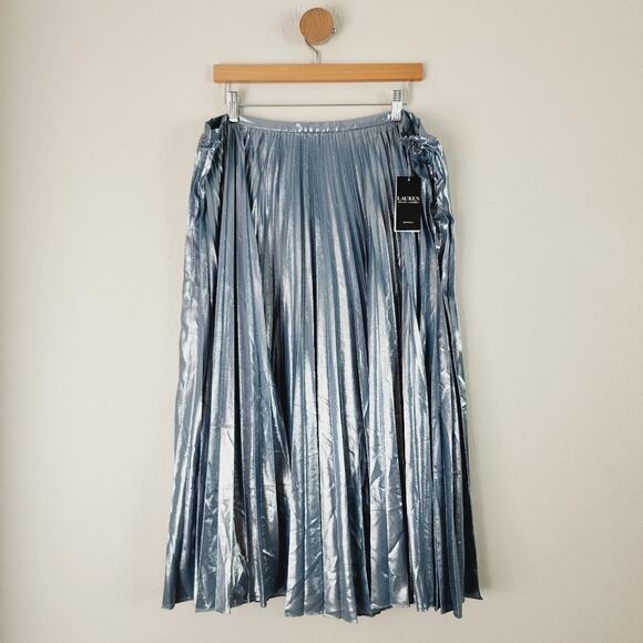 NEW Lauren Ralph Lauren Blue Metallic Pleated Chiffon Midi Skirt - Picture 7 of 15